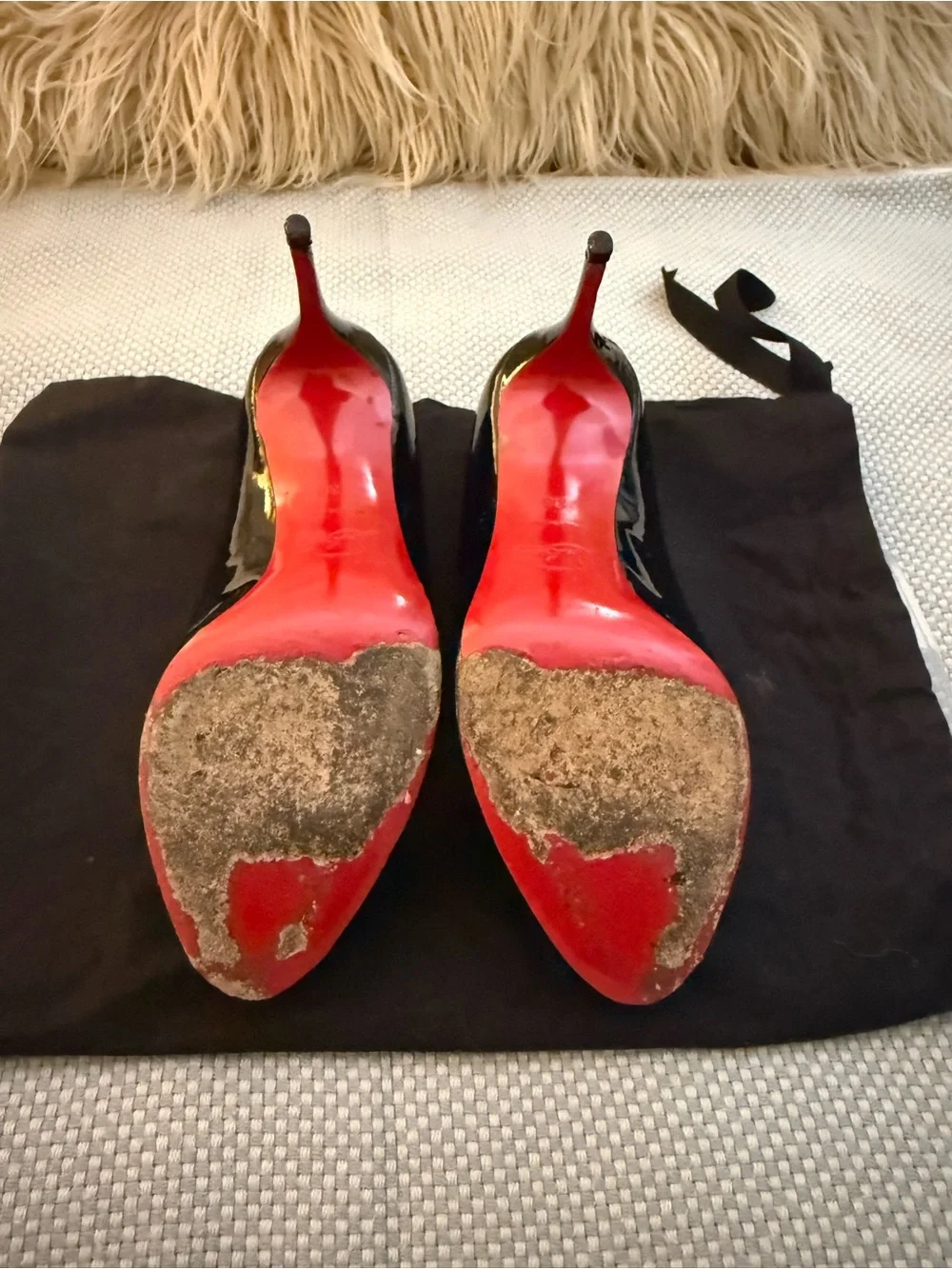 Christian Louboutin Black Patent Peep-Toe Platform Pumps with Red Soles